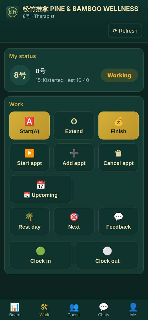 The Work tab: clock in, finish, extend
